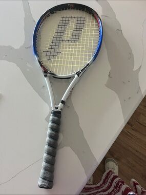 Prince White and Blue Tennis Racket with Yellow Strings